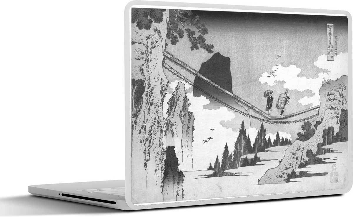 Afbeelding van product SleevesAndCases  Laptop sticker - 15.6 inch - Hangbrug op de grens van Hida en Etchu - schilderij van Katshushika Hokusai - zwart wit