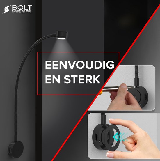 Lampe de lecture noire flexible avec ports USB intégrés et le texte 'EENVOUDIG EN STERK'.