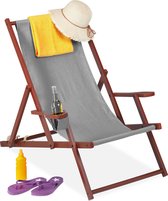 Relaxdays strandstoel hout - ligstoel inklapbaar - campingstoel met bekerhouder - 120 kg
