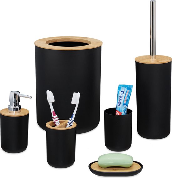 Relaxdays 6-delige badkameraccessoires set bamboe - badkamerset - toilet set - accessoires - zwart