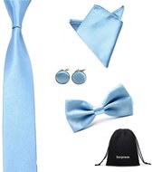 Luxe set stropdas - vlinderstrik - pochette - manchetknopen - Lichtblauw - Sorprese - strik - strikje - vlinderdas - pochet - heren