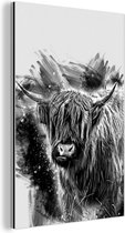 Wanddecoratie Metaal - Aluminium Schilderij Industrieel - Schotse hooglander op een tekenachtige achtergrond - zwart wit - 60x90 cm - Dibond - Foto op aluminium - Industriële muurdecoratie - Voor de woonkamer/slaapkamer
