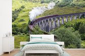 Behang - Fotobehang Stoomtrein tussen het groene landschap in Schotland - Breedte 525 cm x hoogte 350 cm