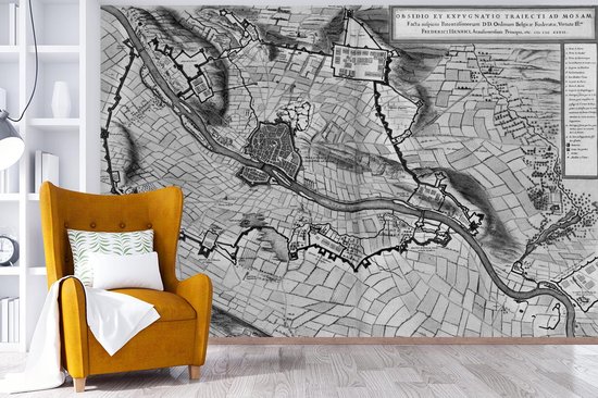 Papier peint photo en vinyle - Plan historique de la ville de Maastricht en noir et blanc - Plan d'étage largeur 525 cm x hauteur 350 cm - Tirage photo sur papier peint (disponible en 7 tailles)