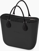 O bag mini handtas in zwart, compleet met korte handvatten in zwart en canvas binnentas in zwart