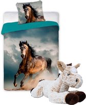 Paarden dekbedovertrek set 140 x 200 cm, incl. super zachte paarden knuffel - 32 cm -Beige - kinderen slaapkamer - eenpersoons dekbed