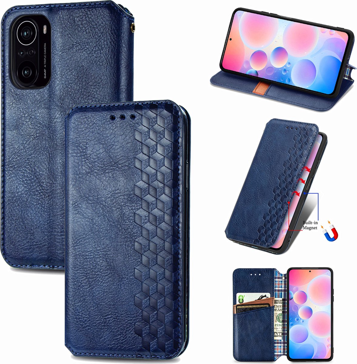 Luxe PU Lederen Ruitpatroon Wallet Case + PMMA Screenprotector voor Xiaomi Poco F3 _ Blauw