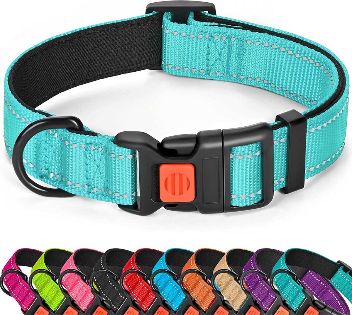 Halsband hond - reflecterend - turquoise - maat L - oersterk - waterdicht - hondenhalsband - met veiligheidssluiting - geschikt voor iedere hondenriem - voor grote honden - Sharon B