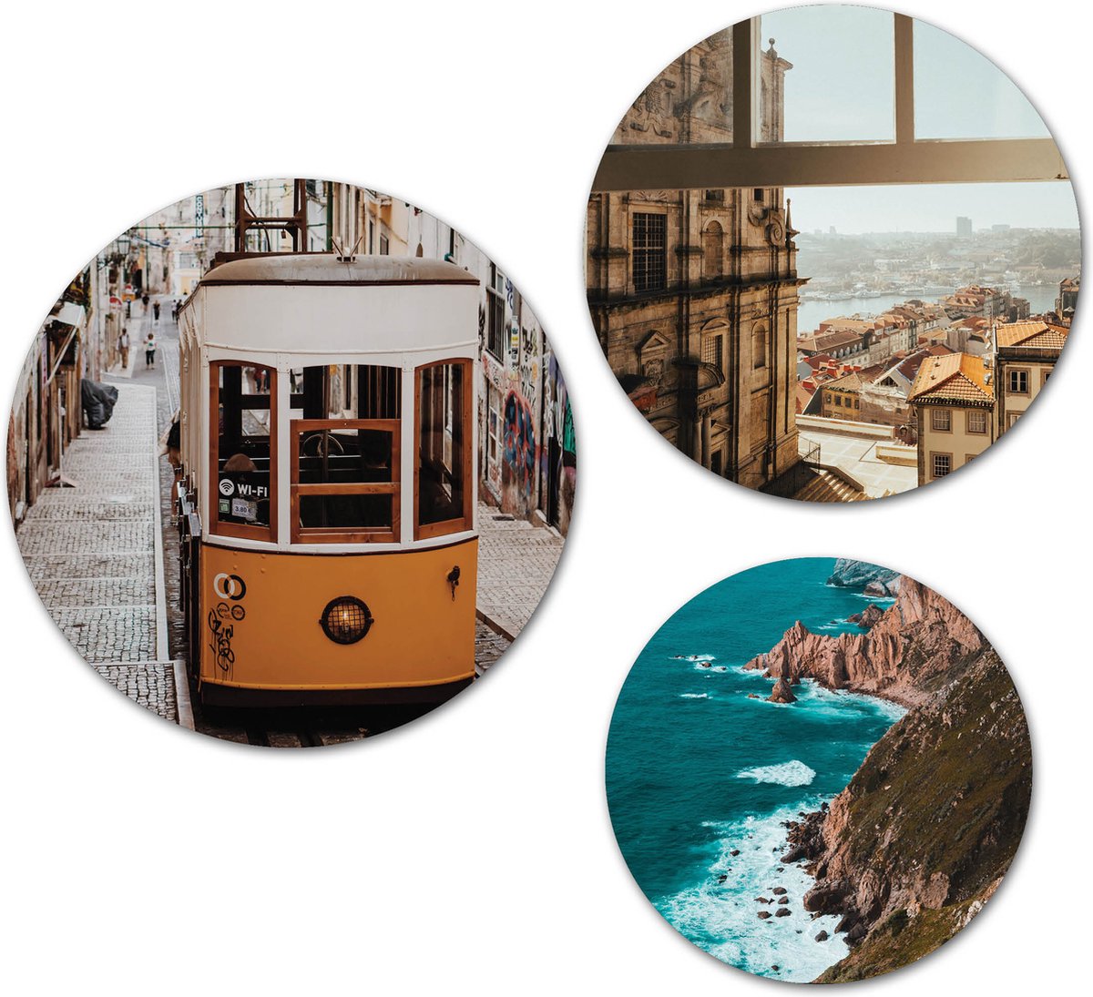 Forex Muurcirkel Set - Set Uitzicht Portugal - Set van 3 Wandcirkels met Ophangsystemen - 20x25x30