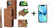 Luxe Telefoonhoesje voor Apple iPhone 13 Mini | Hoogwaardig Leren Bookcase | Lederen Wallet Case | Luxe Uitstraling | Pasjeshouder 6 stuks | Cognac Bruin + 1x Screenprotector