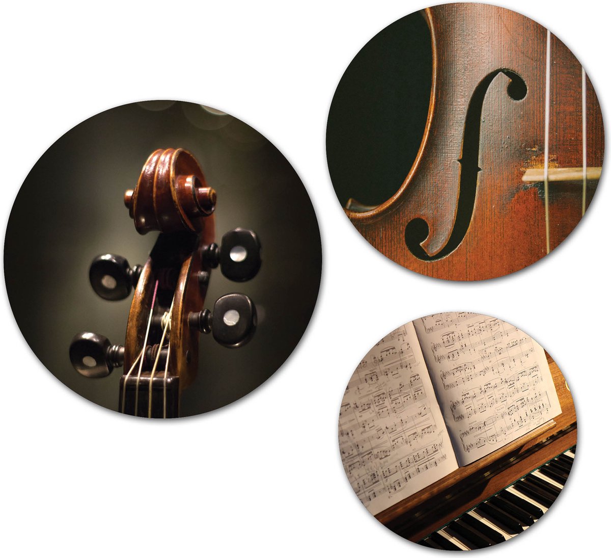 Forex Muurcirkel Set - Set Muziek, Viool en Piano - Set van 3 Wandcirkels met Ophangsystemen - 20x25x30