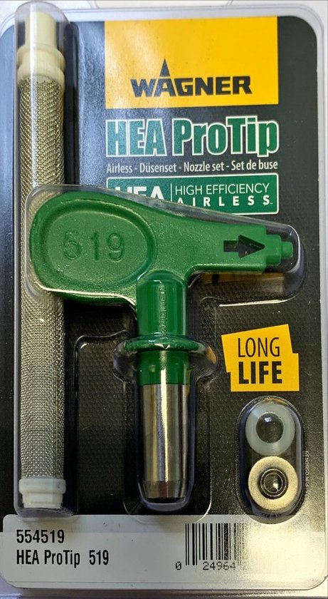 Wagner HEA ProTip 519 spuitmond in groen en zilver met "LONG LIFE" sticker.