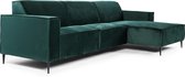 Piping - Sofa - 3-zit bank - korte chaise longue rechts - groen - fancy velvet - stalen pootjes - zwart