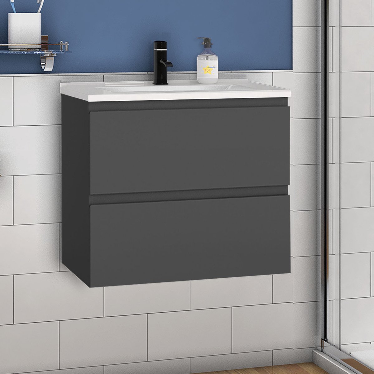 Wastafelonderbouw met onderkast 60 cm badkamermeubels met wastafel dun keramisch gastentoilet antraciet mat