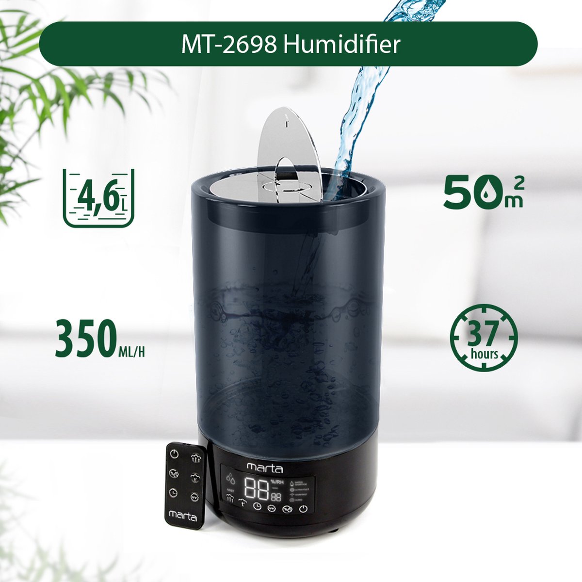 MARTA MT-2698 – Luchtbevochtiger – met Aromatherapie - Ultrasoon – Hygrometer - Verwarm functie - UV lamp – Timer - Automatisch op peil - 30W – 4,6L - 50M2