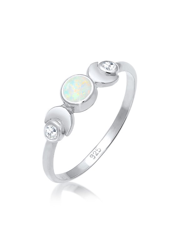 Elli Dames Ringen dames halve maan in astro vintage design met opaal en zirconia in 925 sterling zilver