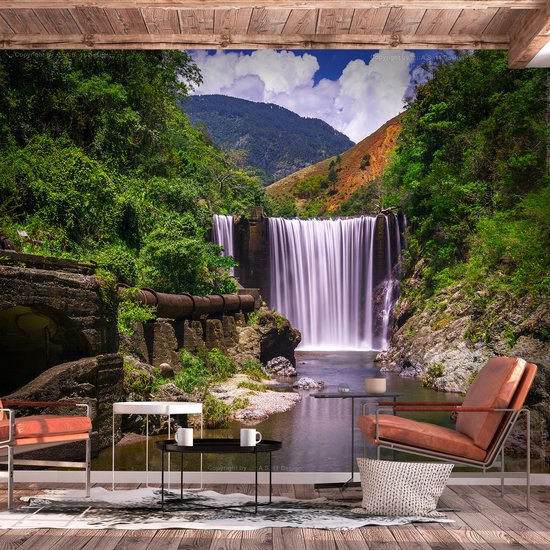 98cm X 70cm - Zelfklevend fotobehang -  Waterval in een bos  , Premium Print