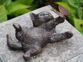 Kitten met vlinder MASSIEF BRONS 11 cm hoog - kat - bronzen beeld - tuinbeeld - hoogkwalitatief brons - decoratiefiguur - interieur - accessoire - voor binnen - voor buiten - cadea