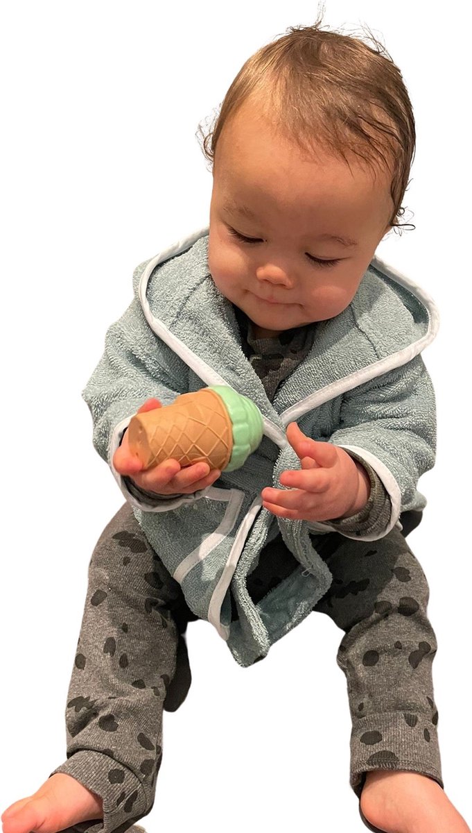 Babybadjas met capuchon - groen - baby badjas gender neutraal - baby badjas meisje - baby badjas jongen - kraamcadeau - 100% badstof katoen - incl. slabbetje - luxe baby badjas mét roomwitte bies - maat 1-2 jaar (92) van Tommy      
 — afbeelding 5