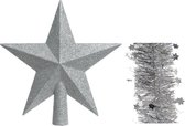 Kerstversiering kunststof glitter ster piek 19 cm en sterren folieslingers pakket zilver van 3x stuks - Kerstboomversiering