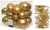 Kerstversiering kunststof kerstballen 6-8-10 cm met golf folieslingers pakket goud van 28x stuks - Kerstboomversiering
