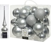 Kerstversiering kunststof kerstballen zilver 6-8-10 cm pakket van 27x stuks - Met mat glazen piek van 26 cm