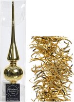 Kerstversiering glazen piek glans 26 cm en golf folieslingers pakket goud van 3x stuks - Kerstboomversiering