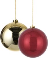 Kerstversieringen set van 2x grote kunststof kerstballen goud en rood 15 cm glans
