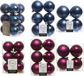 Kerstversiering kunststof kerstballen kleuren mix donkerblauw/framboos roze 6-8-10 cm pakket van 44x stuks