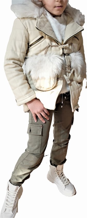 winterjas meisje-warmgevoerd meisjes jas met imitatie schapenwol- Imitatie Bontkraag-imitatieleer - beige, 122/128 8Jaar