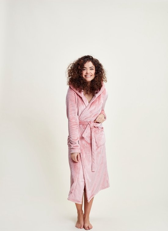 Charlie Choe badjas dames - 100 % zacht fleece - lang model - dames badjas met capuchon - trendy ochtendjas - roze - maat XS