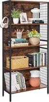 VASAGLE boekenplank, kantoorplank, keukenplank, vloerplank met 4 planken, 4 S-haken, voor kantoor, woonkamer, studeerkamer, stalen frame, industrieel ontwerp, vintage bruin-zwart L