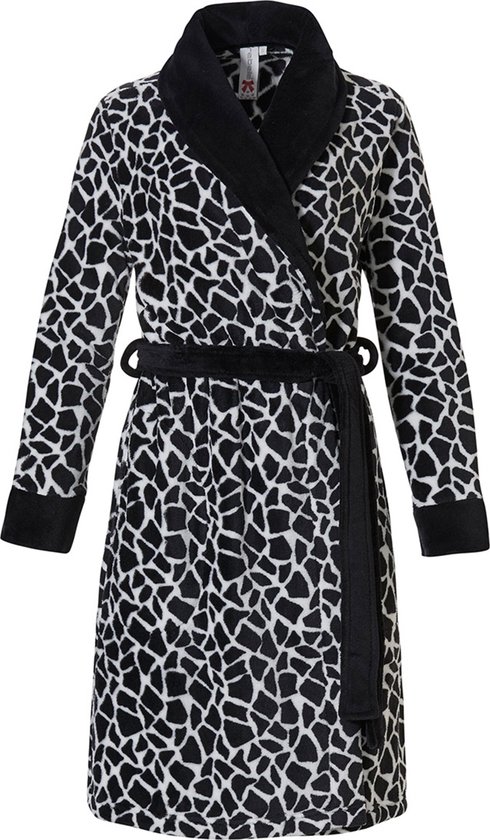 Dames badjas zwart met giraffenrpint - badjas fleece - kort model - rebelle - XL