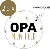 Opa Stickers Cadeausticker 25 stuks - Wensetiket - Sluitstickers - rond - 40mm - Opa Mijn Held Zwart Wit Hartje Goud - 25 stuks - Sticker cadeautje voor Opa - traktatiesticker kado