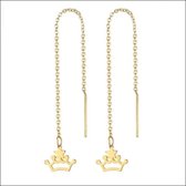 Aramat jewels ® - Doortrek oorbellen met kettinkje kroontje goudkleurig staal 9cm