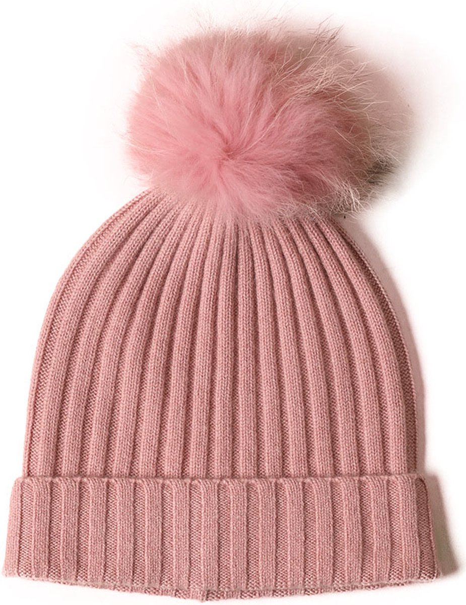 Hommard Cashmere Rib Stitch Beanie met PomPom, 100% Cashmere, heren, dames, unisex, Pink, Rose, Kasjmier
