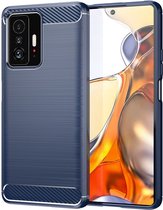 Xiaomi 11T / Xiaomi 11T Pro Hoesje - MobyDefend TPU Gelcase - Geborsteld Metaal + Carbonlook - Navy Blauw - GSM Hoesje - Telefoonhoesje Geschikt Voor: Xiaomi 11T / Xiaomi 11T Pro