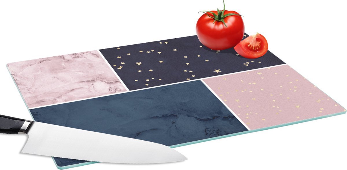 Glazen Snijplank - 39x28 - Marmer - Blauw - Roze - Collage - Snijplanken Glas