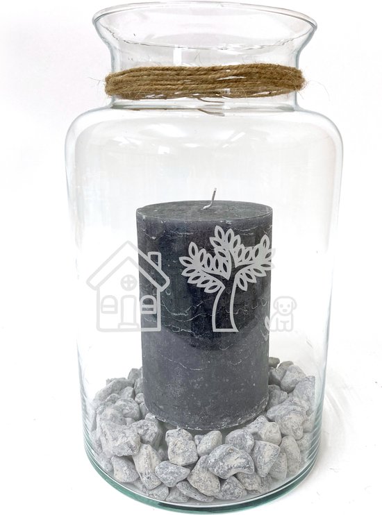 Windlicht/Vaas met tekst gravure HUISJE-BOOMPJE-BEESTJE. Zonder kaars en stenen. Cadeau - bruiloft - trouwdag - nieuw huis - samenwonen - Sint - Kerst. Formaat is 30cm, 16 cm doorsnede.