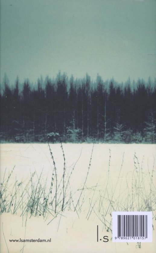 Achterkant van een boek met een winterlandschap van sneeuw en bomen, website en ISBN.