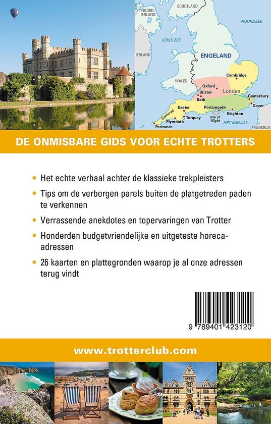 Achtercover van de Trotter gids Zuid-Engeland met een landkaart van Engeland, een kasteel, en vakantiefoto's.