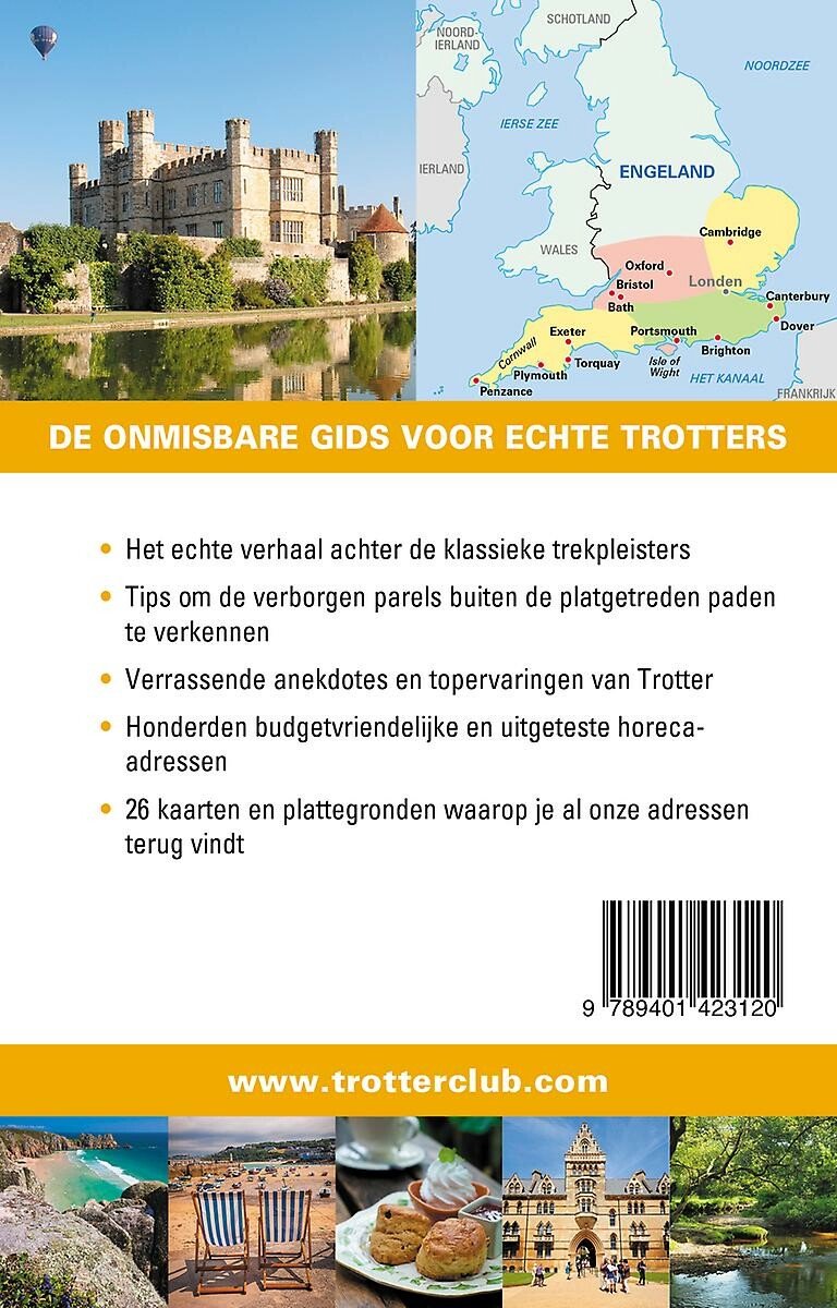 Achtercover van de Trotter gids Zuid-Engeland met een landkaart van Engeland, een kasteel, en vakantiefoto's.