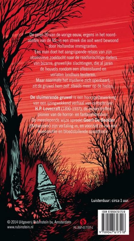 Illustratie van een bos met een grafsteen en tekst.