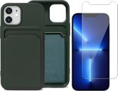 Groen Pasjeshouder Hoesje geschikt voor iPhone 12 / 12 Pro - Screenprotector Glas + Kaart TPU Hoesje Backcover