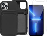 Zwart Pasjeshouder Hoesje geschikt voor Apple iPhone 13 Pro Max - Screenprotector Glas - Case met Pasjeshouder