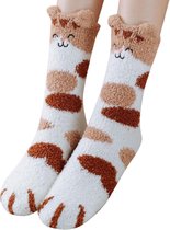 Warme sokken dames - print kat - huissokken - bruin / wit - 36-40 - fluffy sokken - zacht