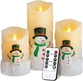 Set van 3 Kerst LED kaarsen met sneeuwpop opdruk - Luxe LED kaars met afstandsbediening en timerfunctie - Led-kaars met vlameffect en van echte was - Kerstverlichting