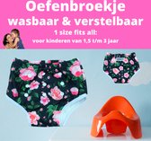 Oefenbroekje - zwart met roosjes - wasbaar - zindelijkheidstraining kind - voor jongens en meisjes - verstelbaar met drukknopen - vanaf 1 t/m 3 jaar - ca. 10 tot 16 kg - duurzaam b