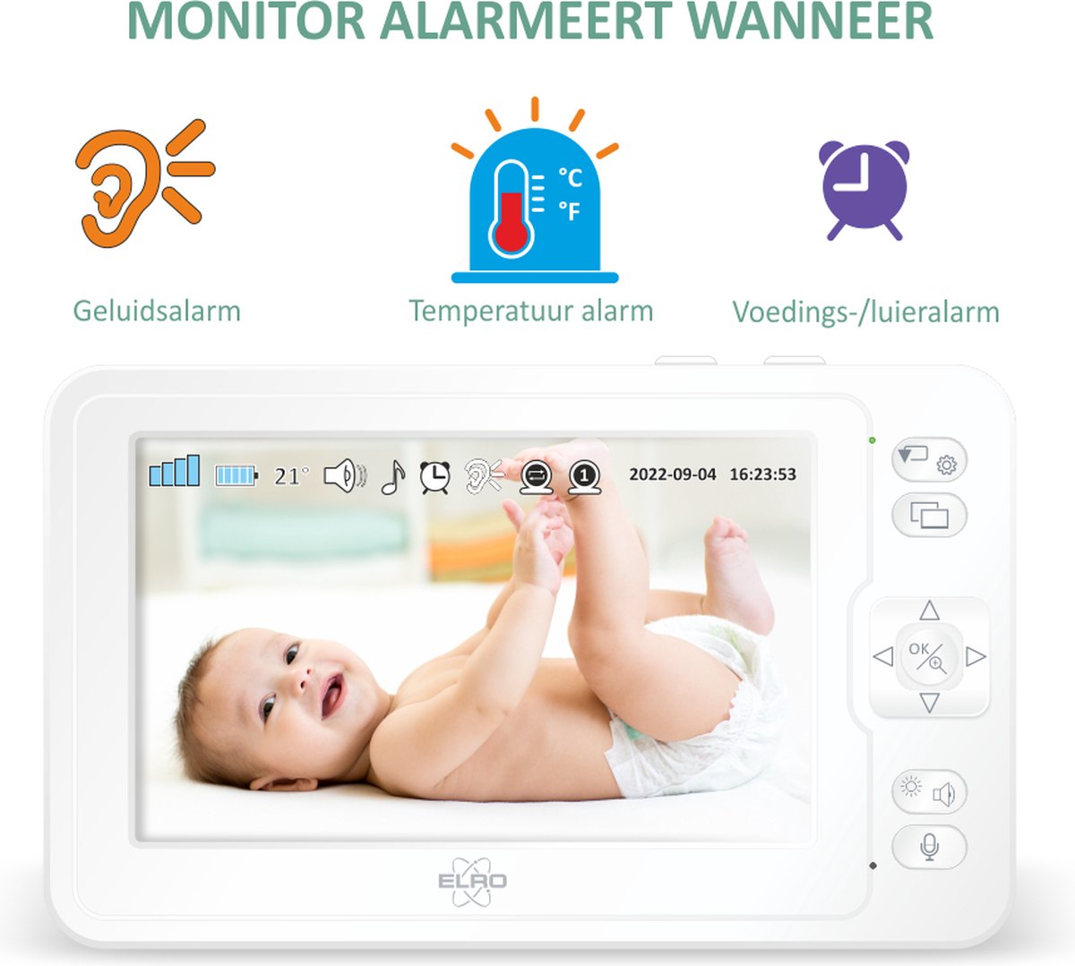 ELRO BC2000 Baby Monitor Premium - Monitor 12,7 Cm Full HD - Telecamera Pan/Tilt Con Visione Notturna