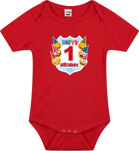 Foto: Happy birthday 1e verjaardag romper unisex jongens meisjes 1 jaar met emoticons rood voor babys 68